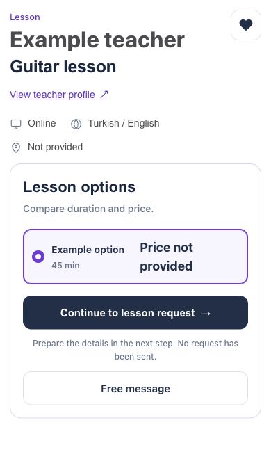 English example profile showing the selected lesson and contact controls.