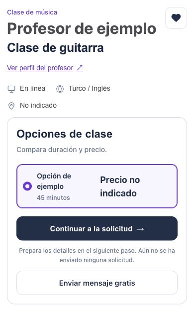 Perfil de ejemplo en español con la clase seleccionada y los controles de contacto.
