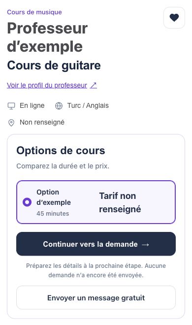 Profil d’exemple en français présentant le cours sélectionné et les commandes de contact.